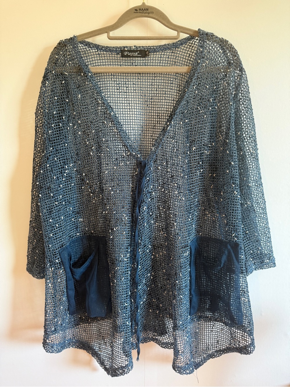 Papa Vancouver Blue Open Knit Cardigan Tie Front Pockets Boho L XL